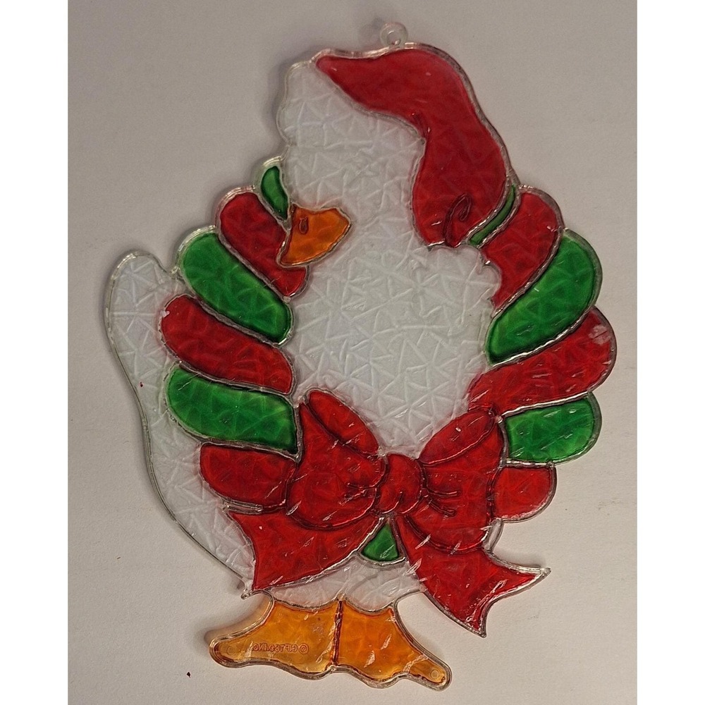 Vintage Christmas Goose Suncatcher Santa Hat Wreath Holiday Window Decor 9.5in - Picture 3 of 5